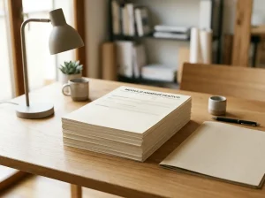 Documenti amministrativi ordinati su una scrivania, in una scena senza simboli ufficiali