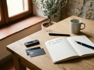 Carte senza marchio e un portafoglio hardware su un piano di lavoro, accanto a fogli neutri
