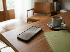 Smartphone generico accanto a un taccuino su un tavolo, con schermo privo di contenuti leggibili