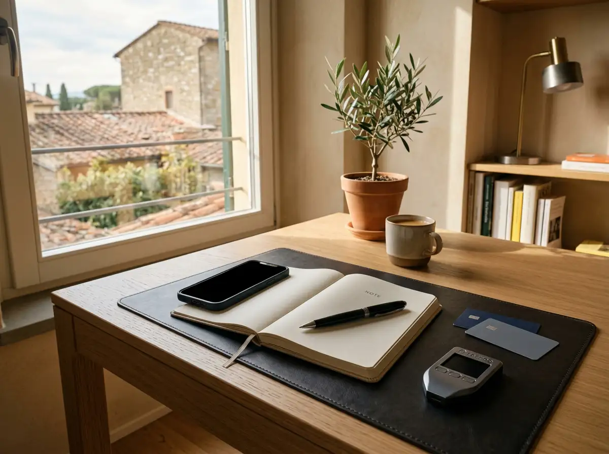 Una scrivania con telefono, taccuino e oggetti neutri associati ai pagamenti digitali