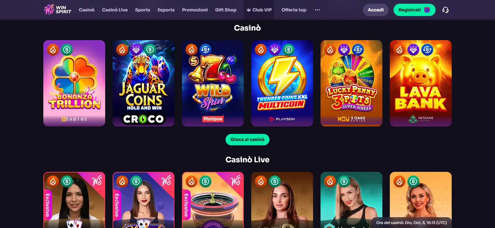Schermata autentica del sito WinSpirit con menu principale e categorie di gioco