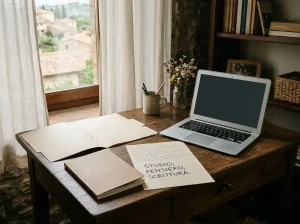Scrivania domestica con computer portatile e cartellina di documenti generici